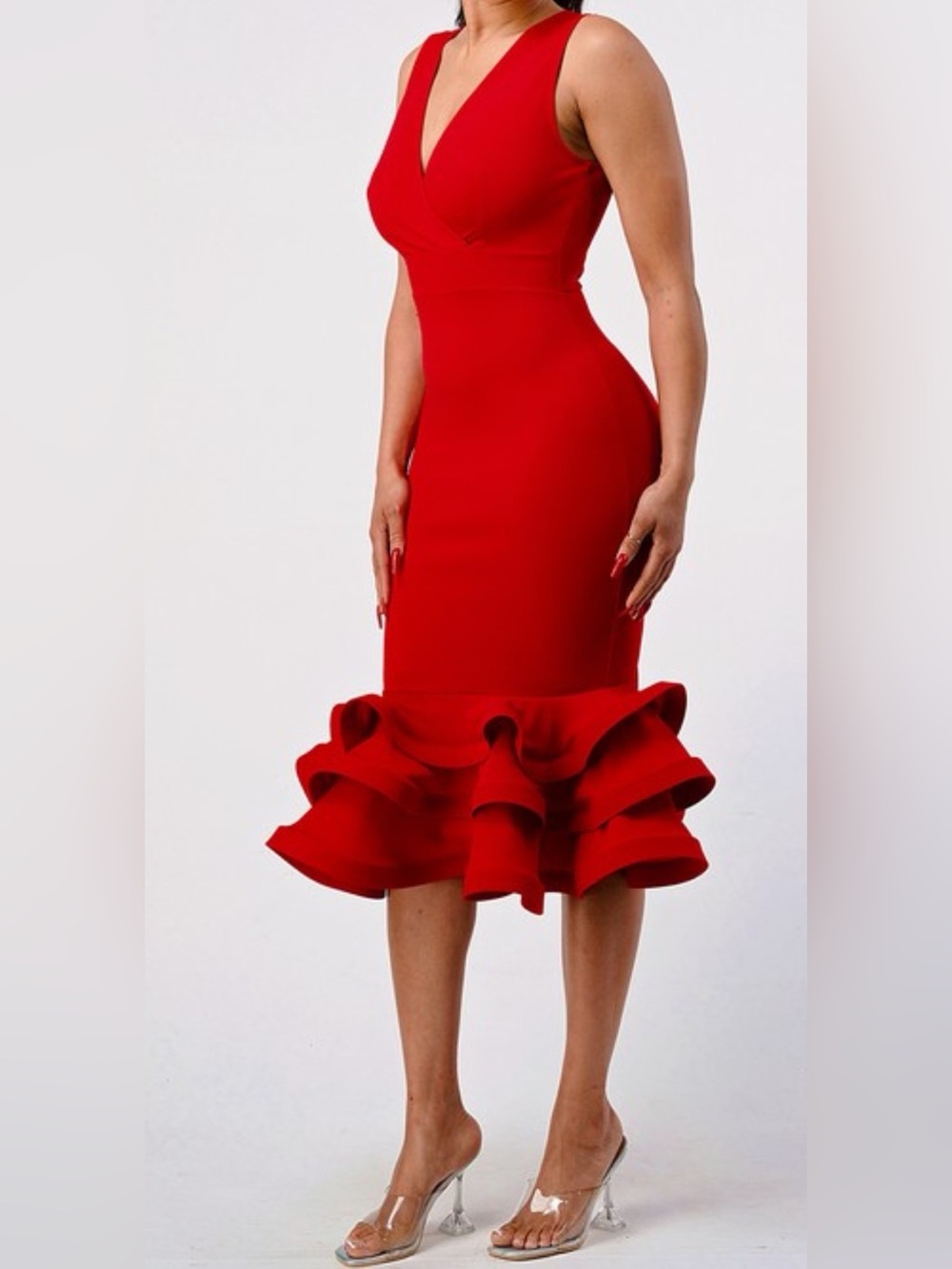 Women’s Red V-Neck Sleeveless Bodycon Midi Dress Ruffle Hem 1X Stretchy